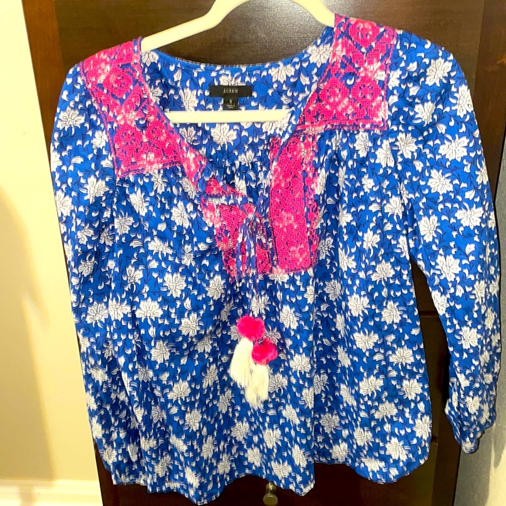 J Crew Floral Peasant Blue and White Tassel Embroidered Pull Over Blouse